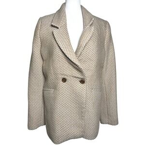 ANINE BING Size M Double Breasted Herringbone Blazer Jacket Tan White Heavy